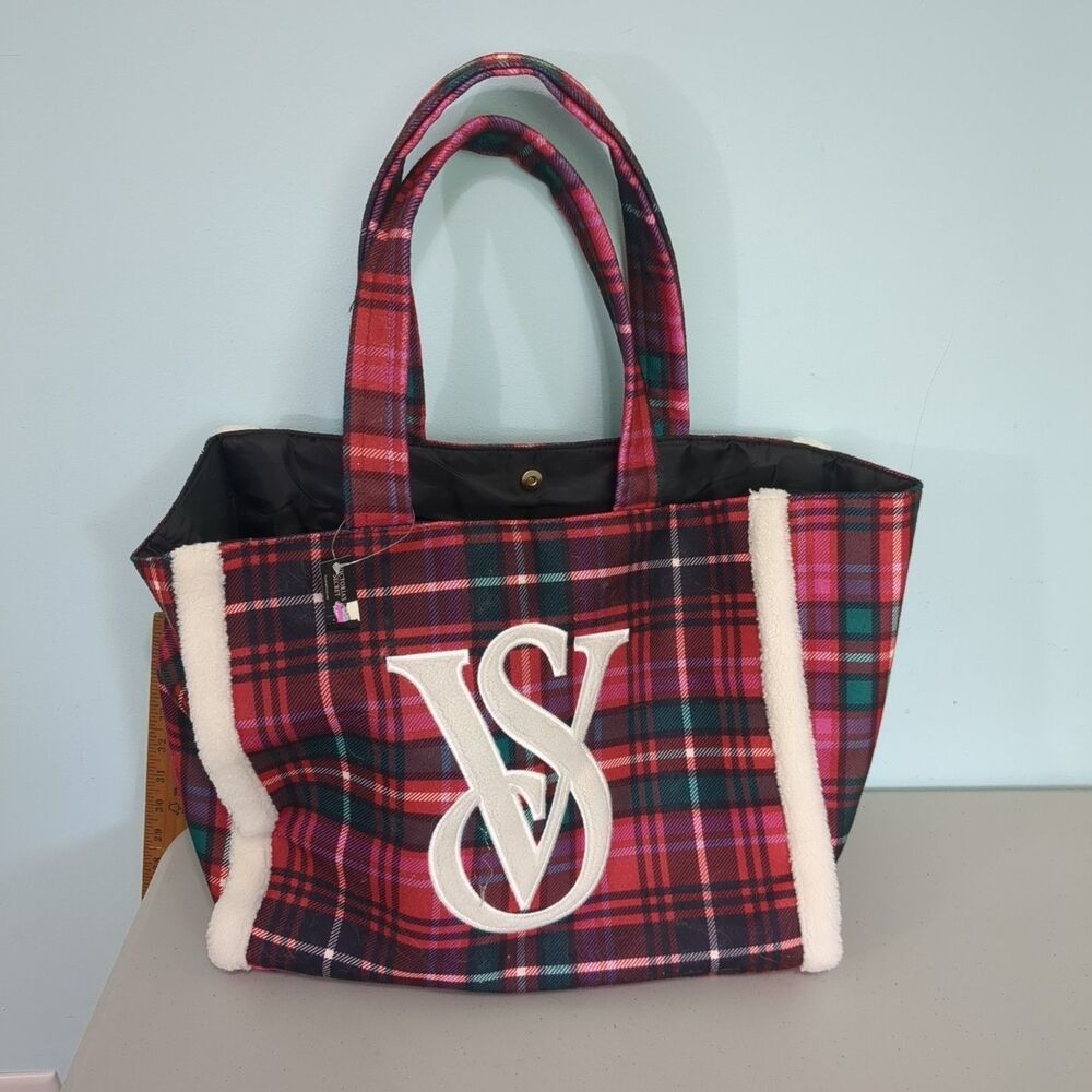 Victoria’s Secret NEW Plaid Large Sized Plaid Tote Bag Red Green Christmas